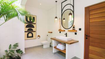 Shower, hair dryer, bidet, towels