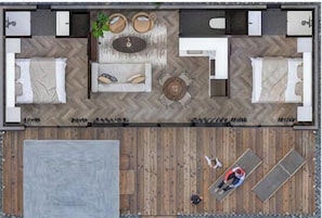 A hotel layout with a central living area, two bedrooms, a bathroom, and a large outdoor space. - Luxury lodge with private hot tub where indoor and outdoor living blend seamlessly (Tandel)