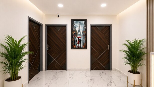 A hallway with three dark wooden doors, a framed picture of a couple, and potted plants. - Mauryan Signature Hotel NHPC Metro (Faridabad)