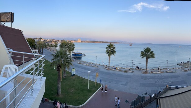 A coastal promenade with palm trees, a beach, and a view of the sea.