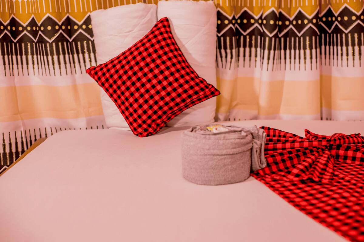 A bed with a red and black checkered pillow, a gray pillow, and a striped blanket.