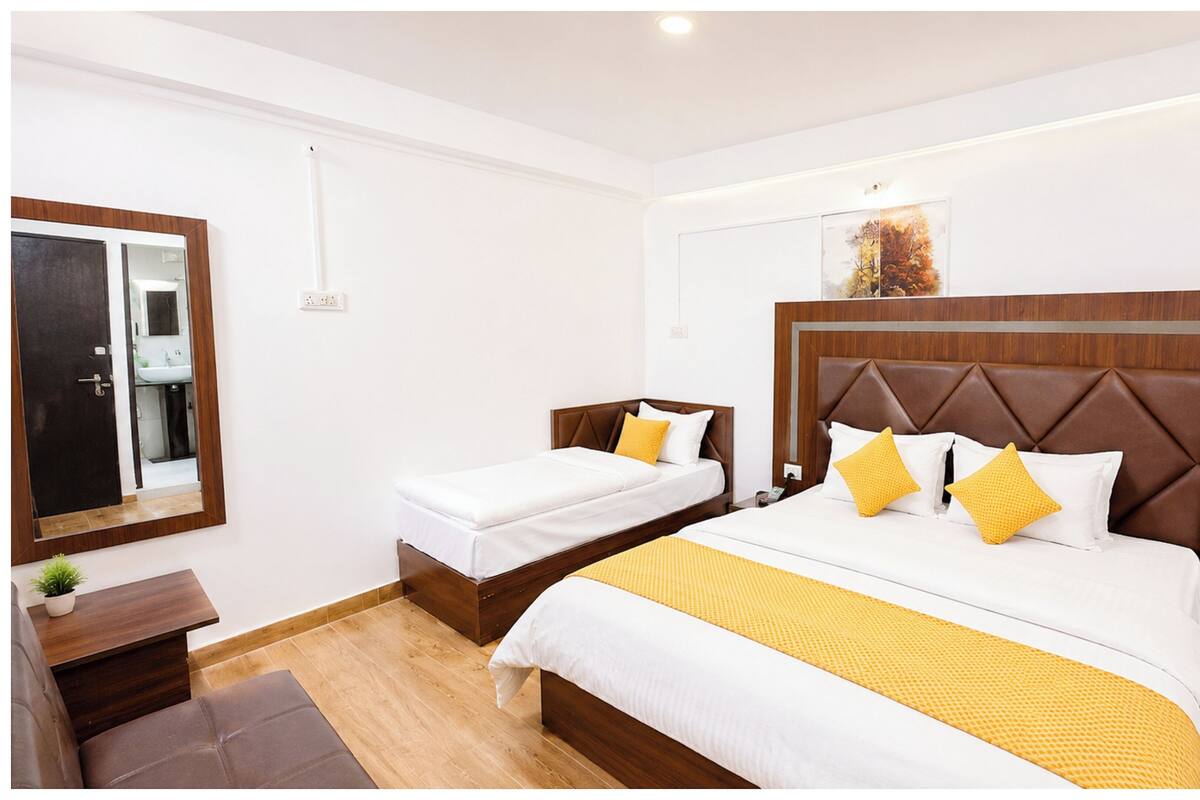 A hotel room with two beds, a large mirror, a wooden headboard, and a small bedside table with a plant.