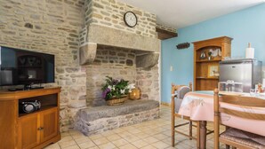 Une cheminée en pierre avec une horloge, un téléviseur posé sur un meuble en bois, une table à manger recouverte d’une nappe rose et un coin cuisine avec un réfrigérateur.