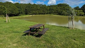 Une table de pique-nique se trouve dans un espace verdoyant, avec un étang et des arbres en arrière-plan.
