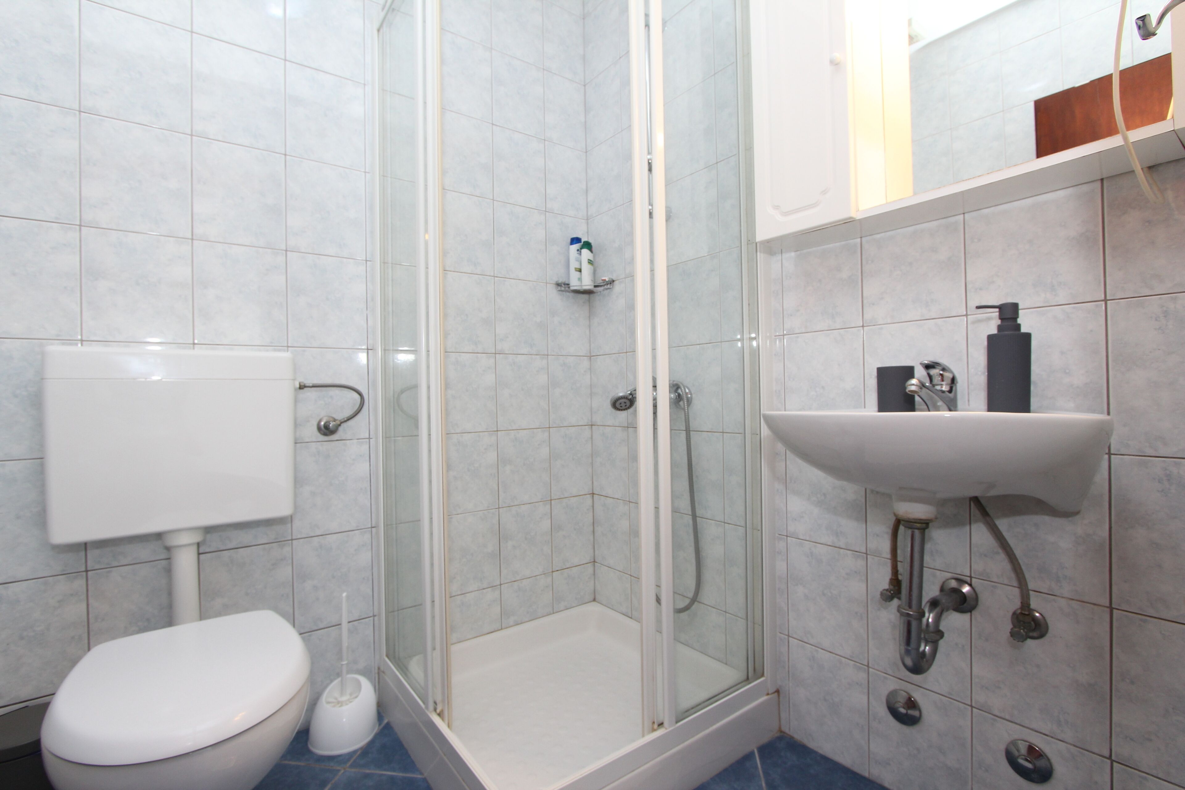 Une salle de bain comprenant des toilettes, une douche fermée par une paroi de verre et un lavabo avec un robinet.