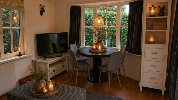 A cozy living room with a TV, dining table, chairs, and a fireplace. - Vechtdal Chalet de Berk (Rheezerveen)