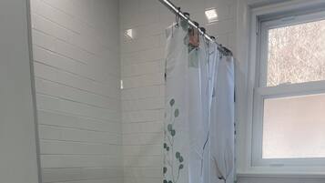 Hair dryer, towels, soap, shampoo