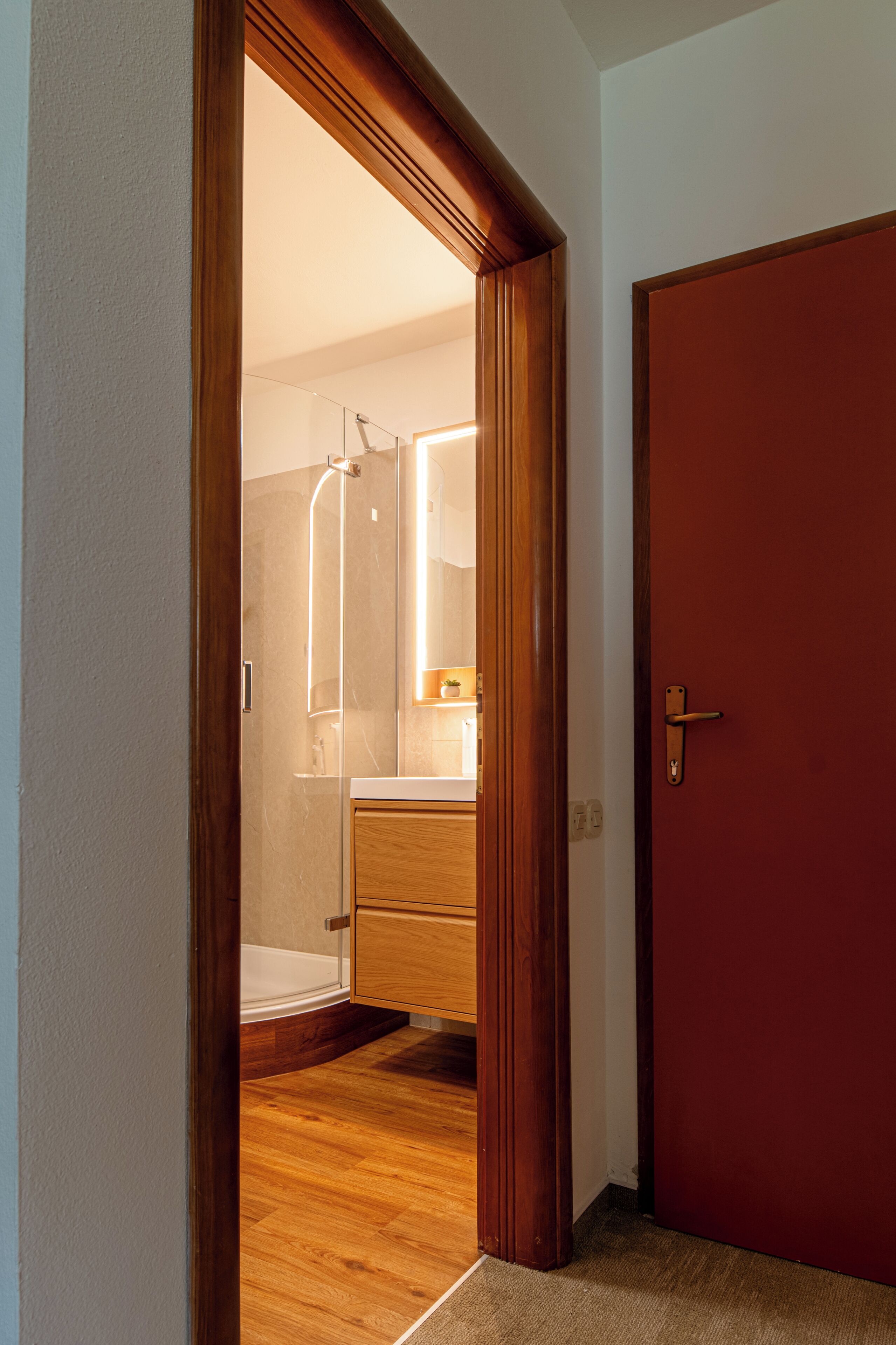 Shower, hair dryer, slippers, towels
