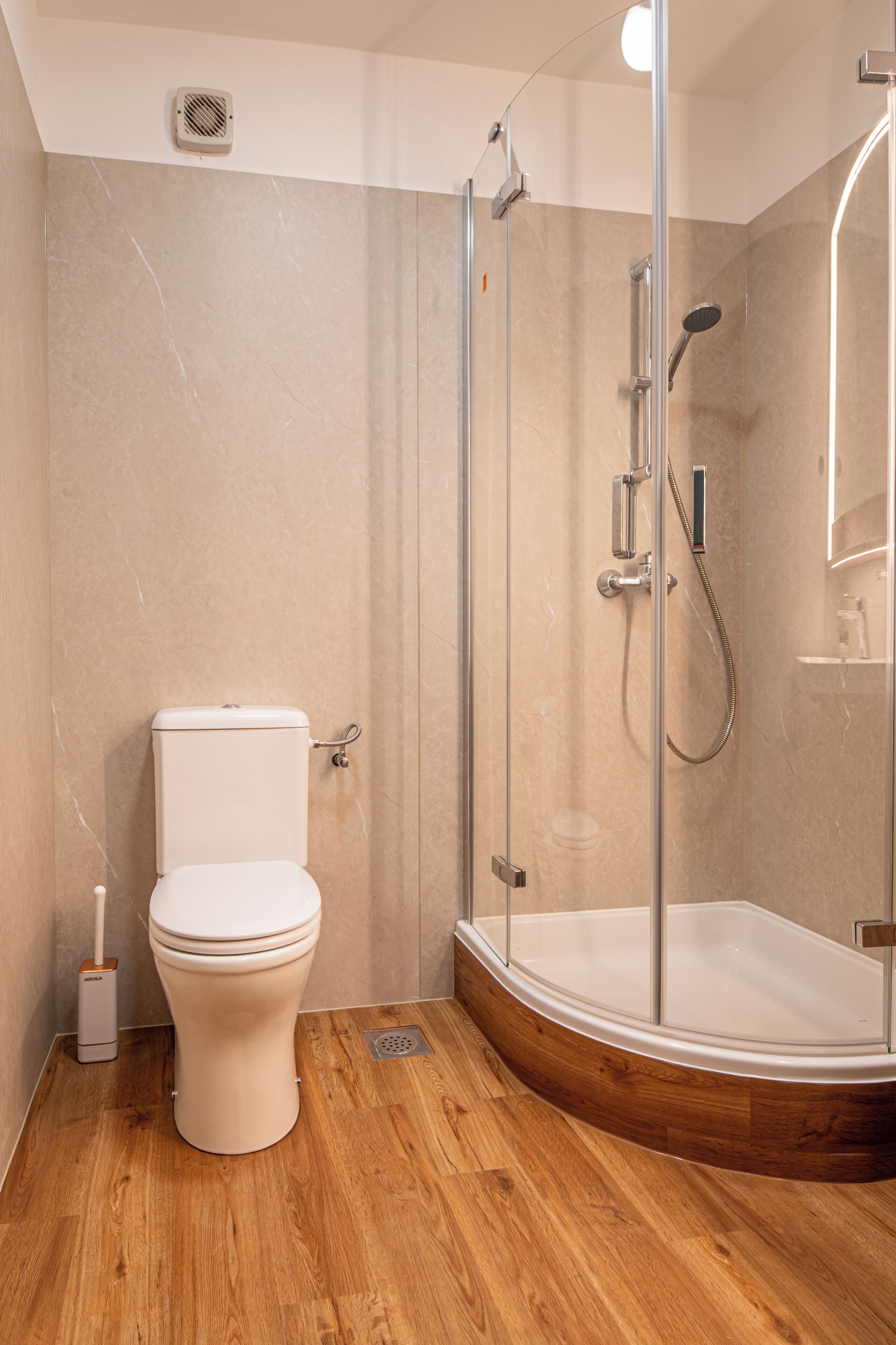 Shower, hair dryer, slippers, towels