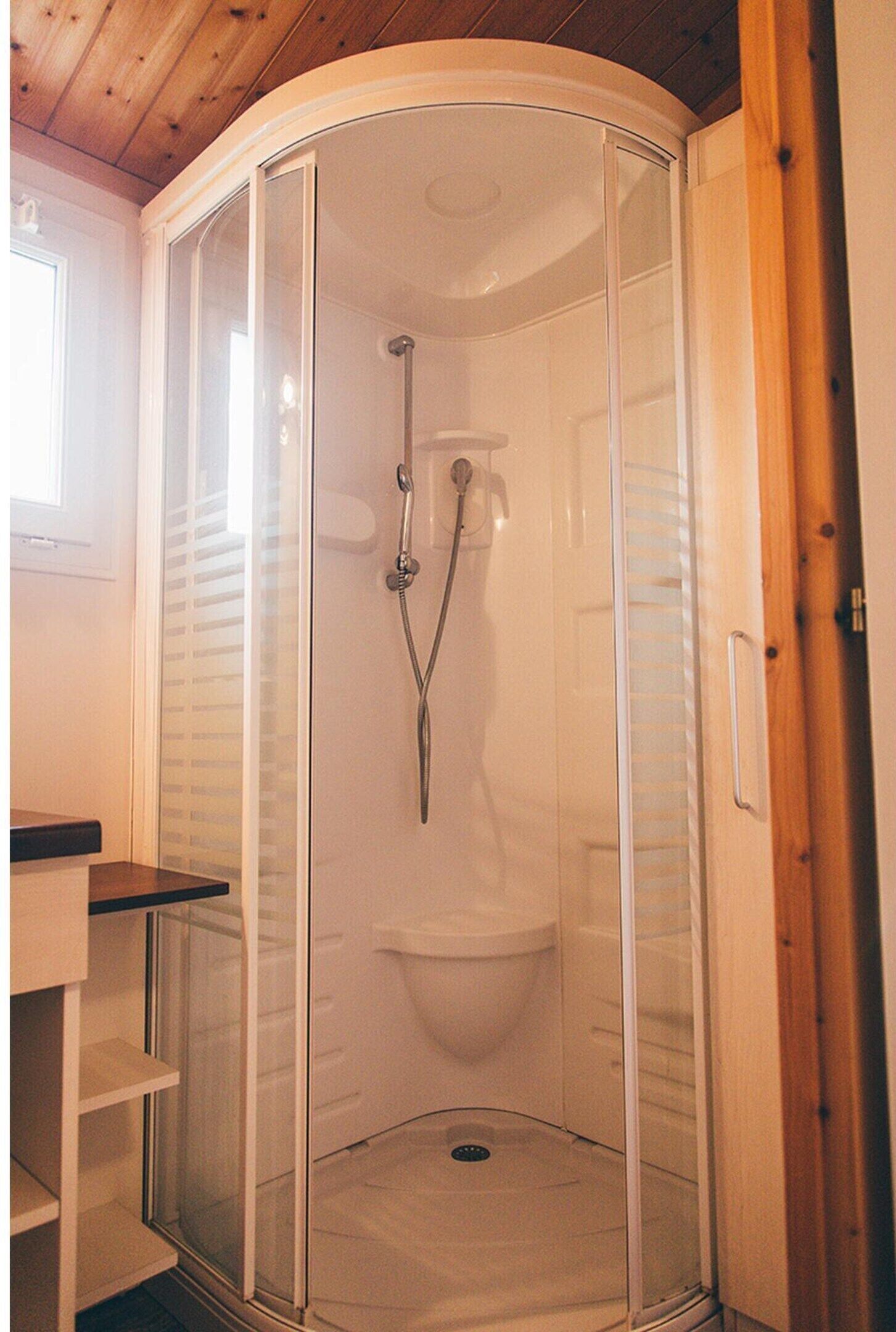 A glass-enclosed shower stall with a white toilet, wooden ceiling, and a small shelf unit.