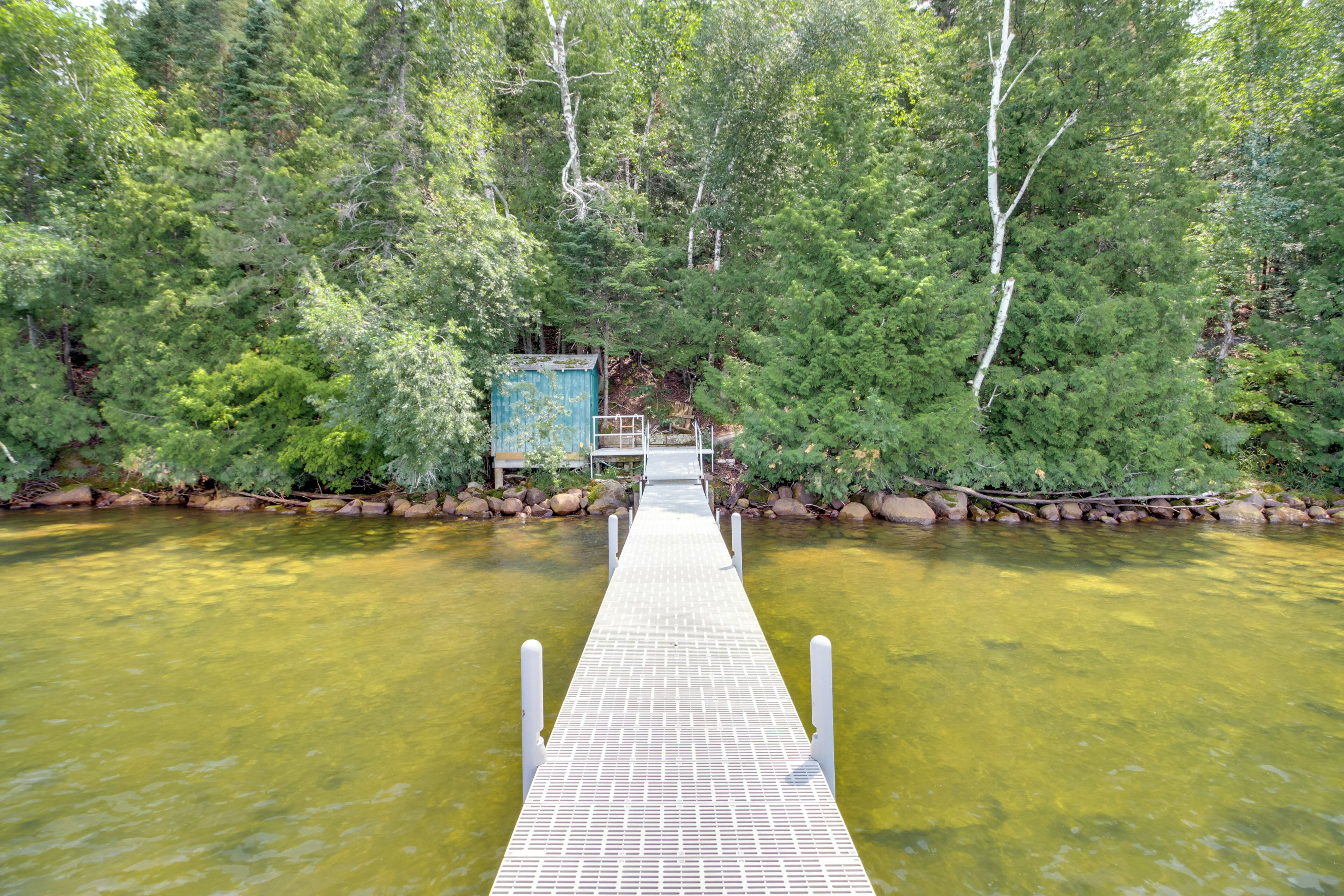 Un muelle de madera se adentra en un río rodeado de un bosque denso.