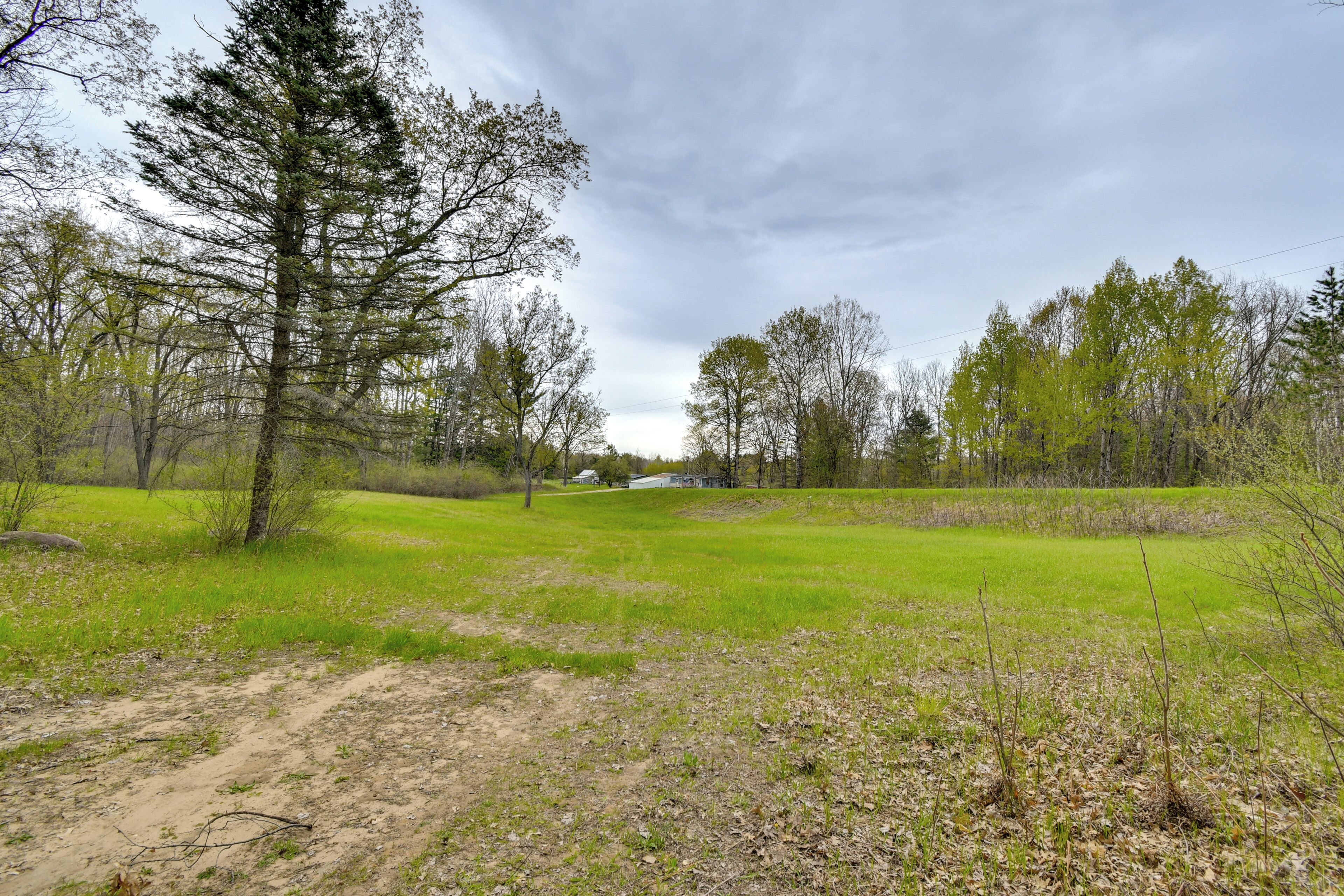 Un paysage rural avec un chemin de terre, des zones herbeuses et des arbres.