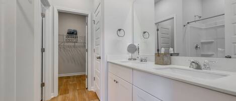A modern bathroom with a large mirror, white cabinetry, and a walk-in closet.