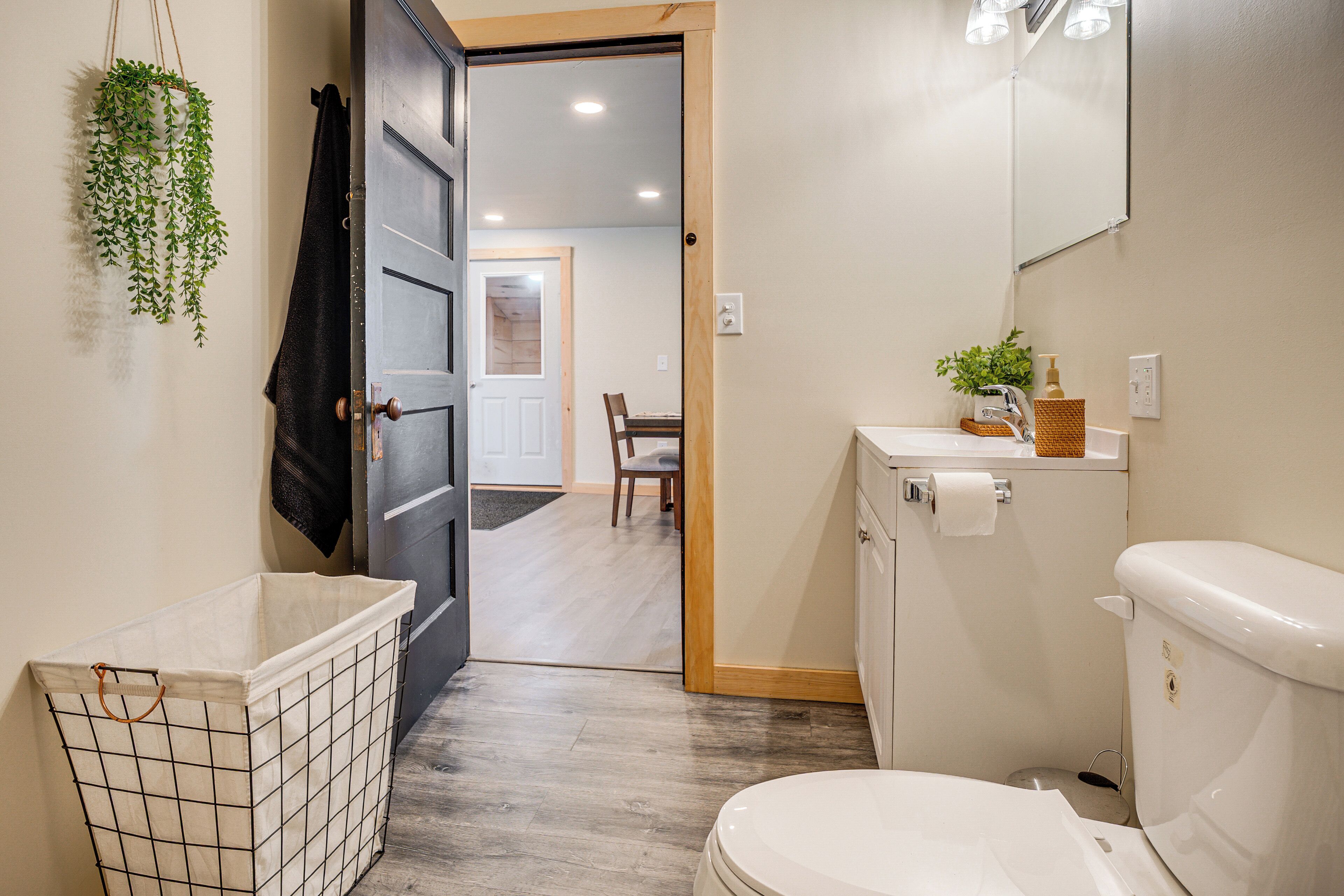 Un baño con inodoro, lavamanos, espejo y una planta colgante.