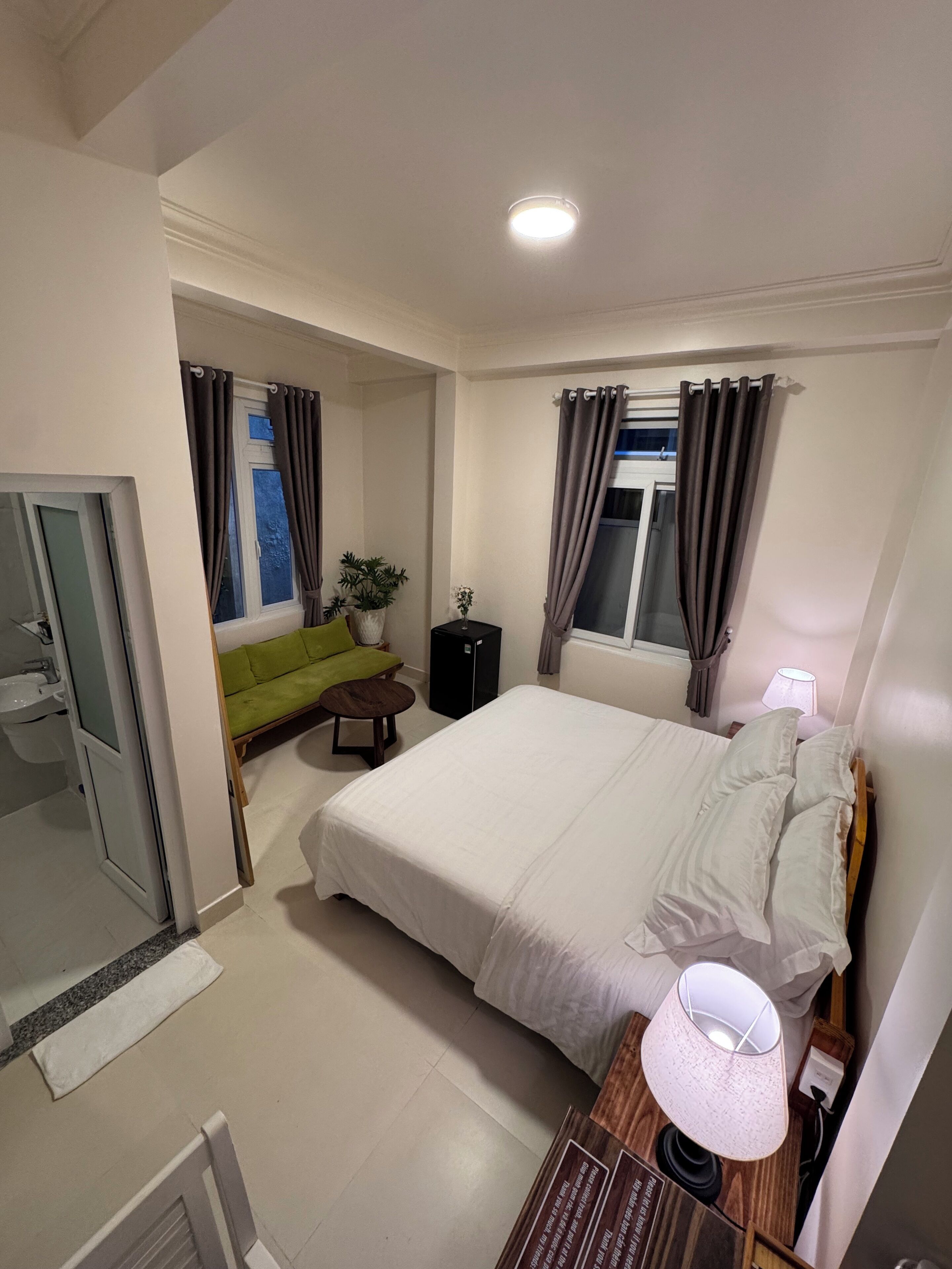 A bedroom with a bed, a bedside table with a lamp, a small table with a plant, a green sofa, and a window with curtains.