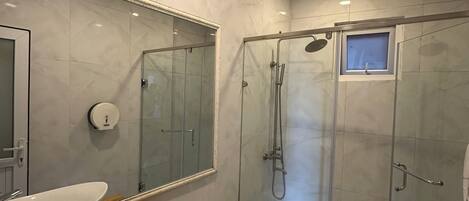 A modern bathroom with a glass-enclosed shower, a white toilet, and a large mirror above a wooden vanity.