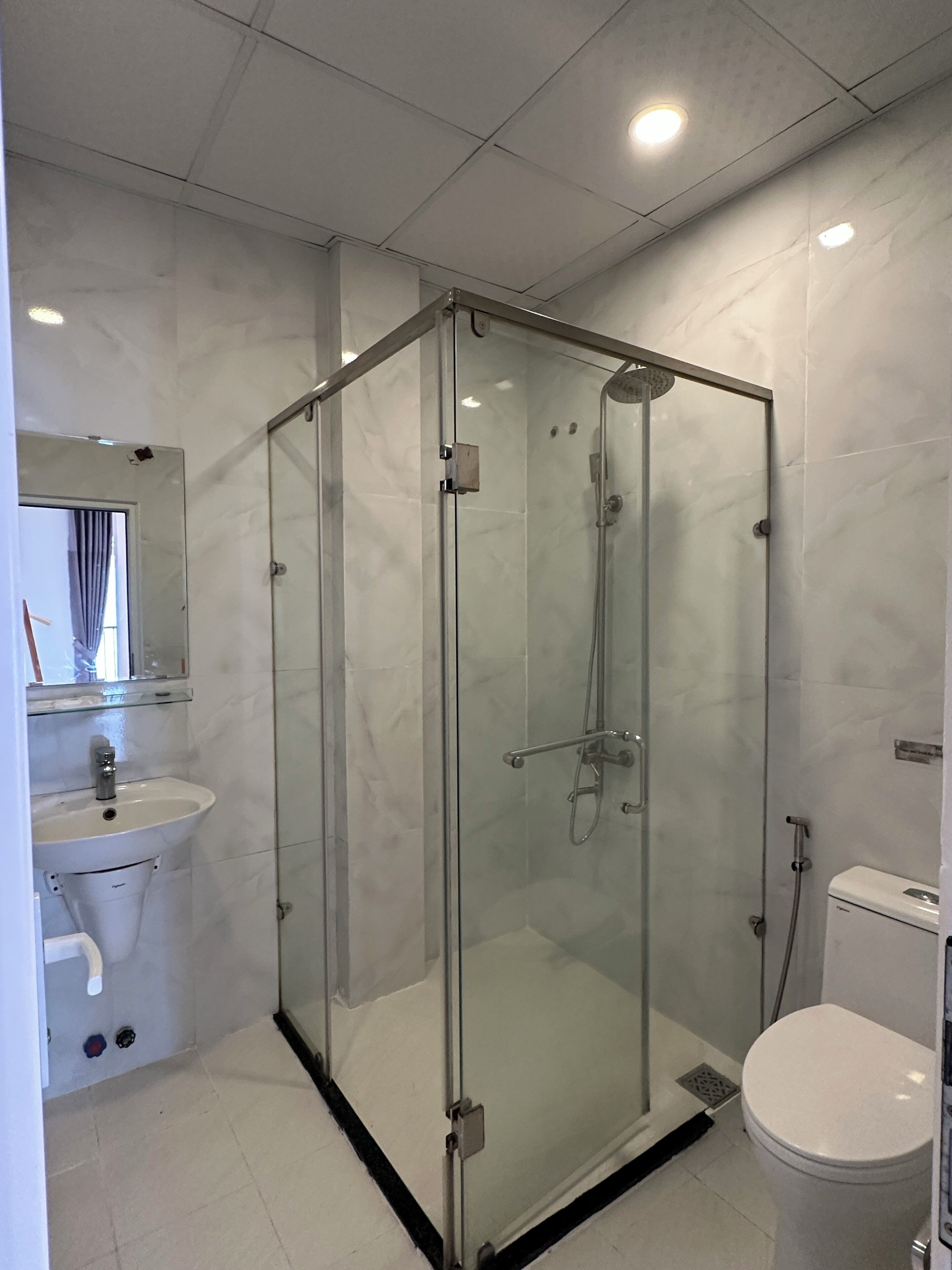 A modern bathroom with a glass-enclosed shower, a sink, and a toilet.