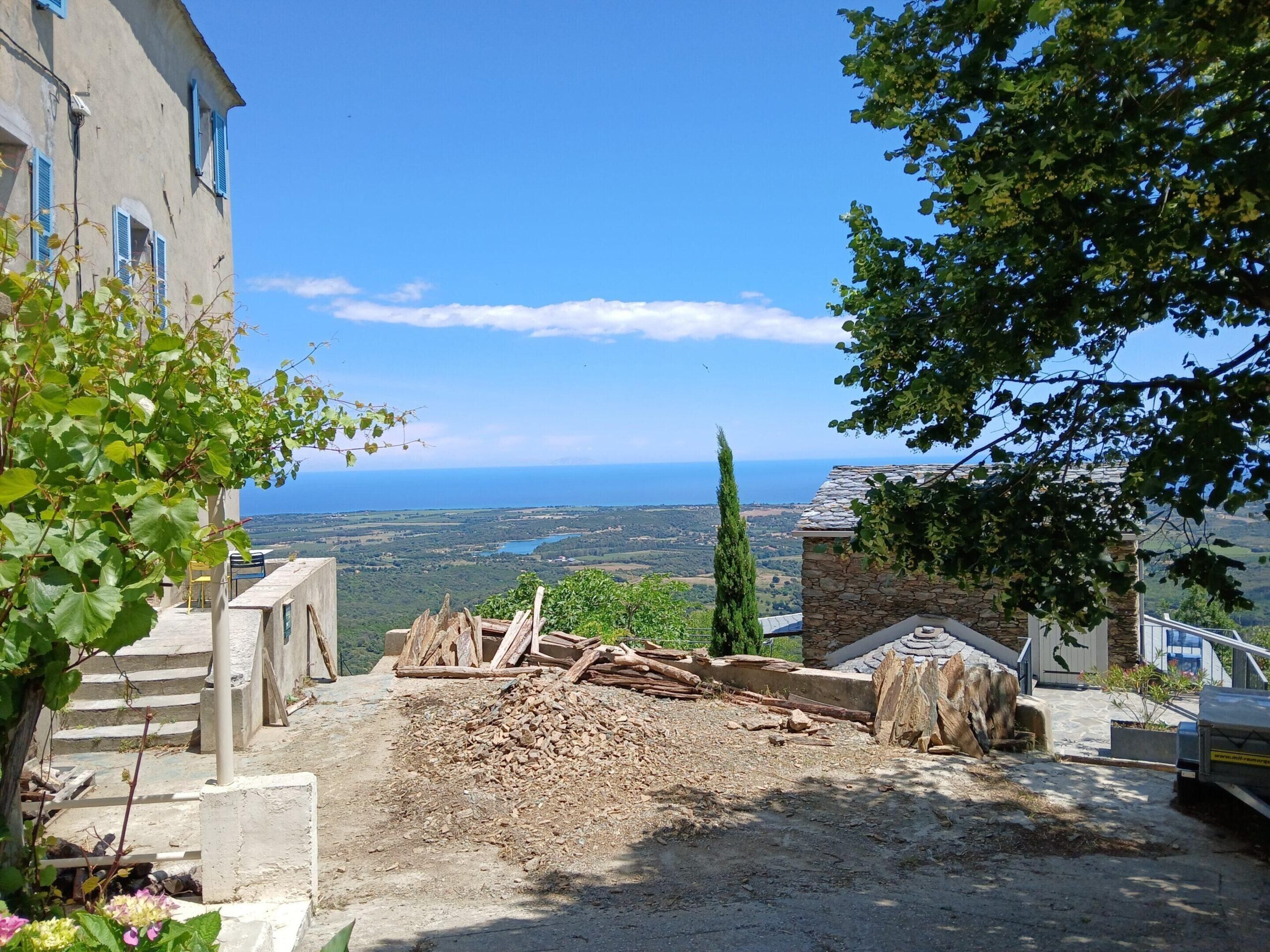 A building with a view of the sea, a pile of wood, and a tree.