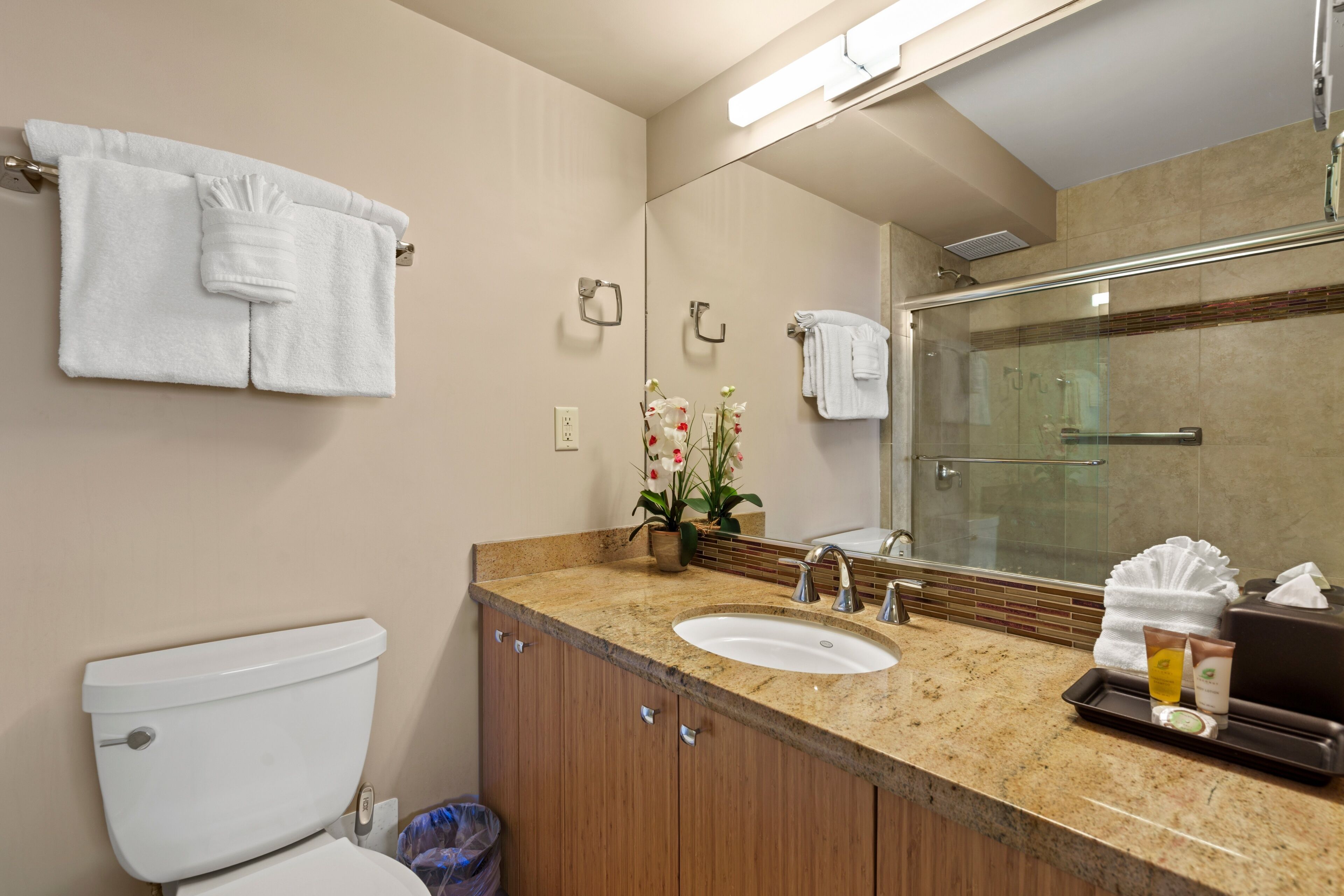 Ein Badezimmer mit Toilette, Waschbecken und Dusche. Handtücher hängen an der Wand, über dem Waschbecken befindet sich ein Spiegel.