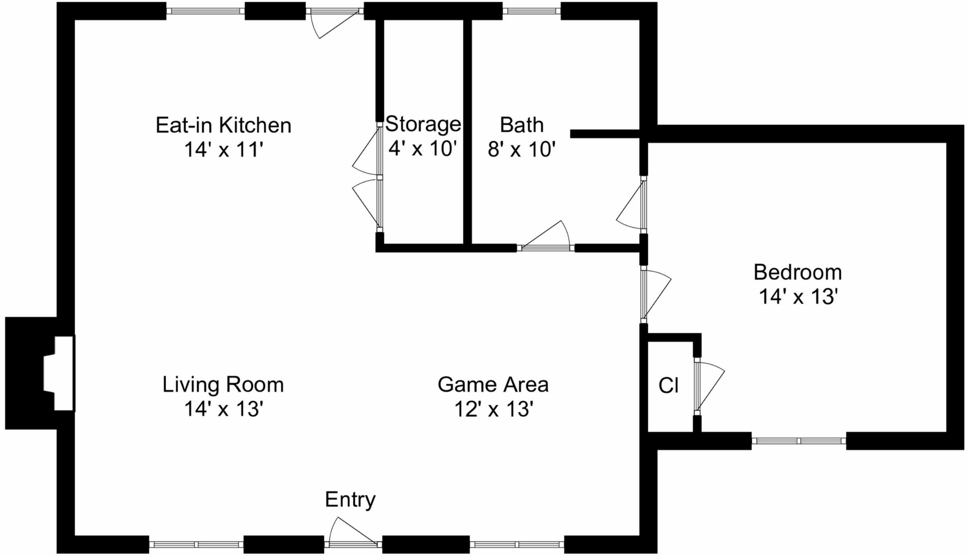 A floor plan with an entry, living room, game area, eat-in kitchen, storage, bath, and bedroom.