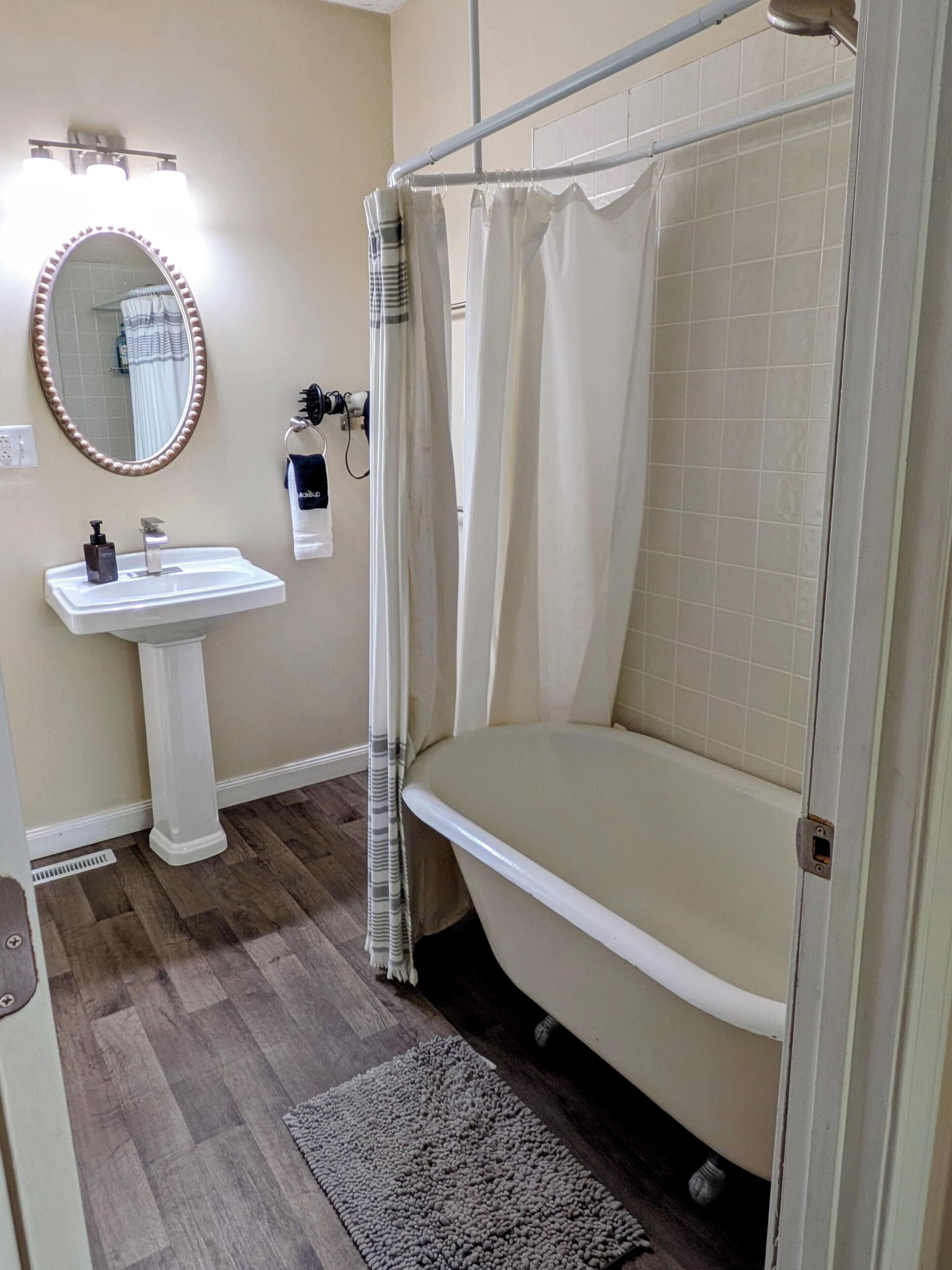 Hair dryer, towels, soap, toilet paper