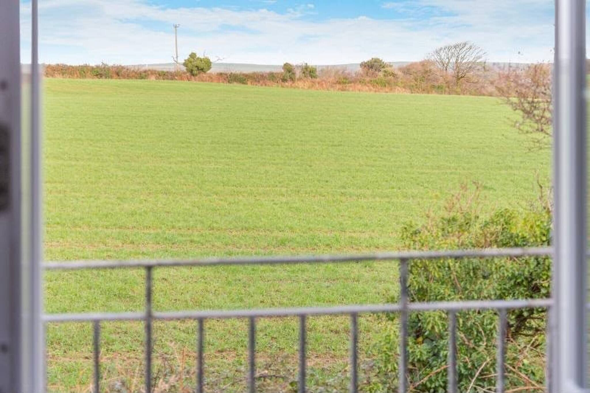 Blick durch einen Metallzaun auf ein grünes Feld mit blauem Himmel.