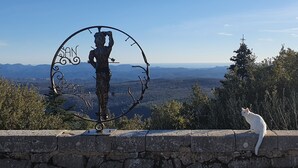 A stone wall with a metal sculpture of a figure and a cat. - Le logis - Authentic house with garden and view (Mons)