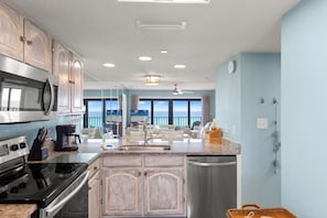 Fridge, microwave, oven, stovetop - 506 – Stunning Beachfront 3BR Condo with Balcony, Pool & Panoramic Gulf Views (Panama City Beach)