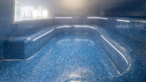 A large indoor swimming pool with tiled walls and a curved design.