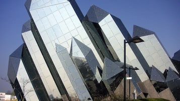 A modern building with a geometric, angular design.