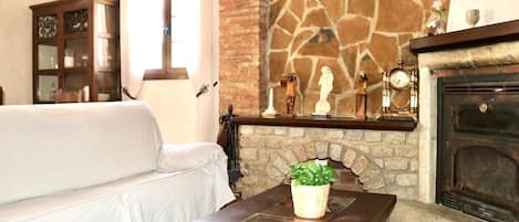 A cozy living room with a stone fireplace, a sofa, a wooden coffee table with a plant, and a cabinet with glass doors.