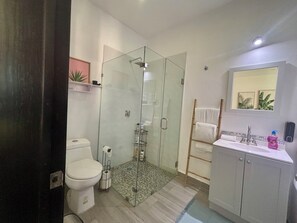 Een douche, een haardroger, handdoeken, zeep