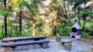 A picnic area with a stone table and benches, surrounded by trees. - Holiday villa with sauna, close to the lake (Nowa Kaletka)