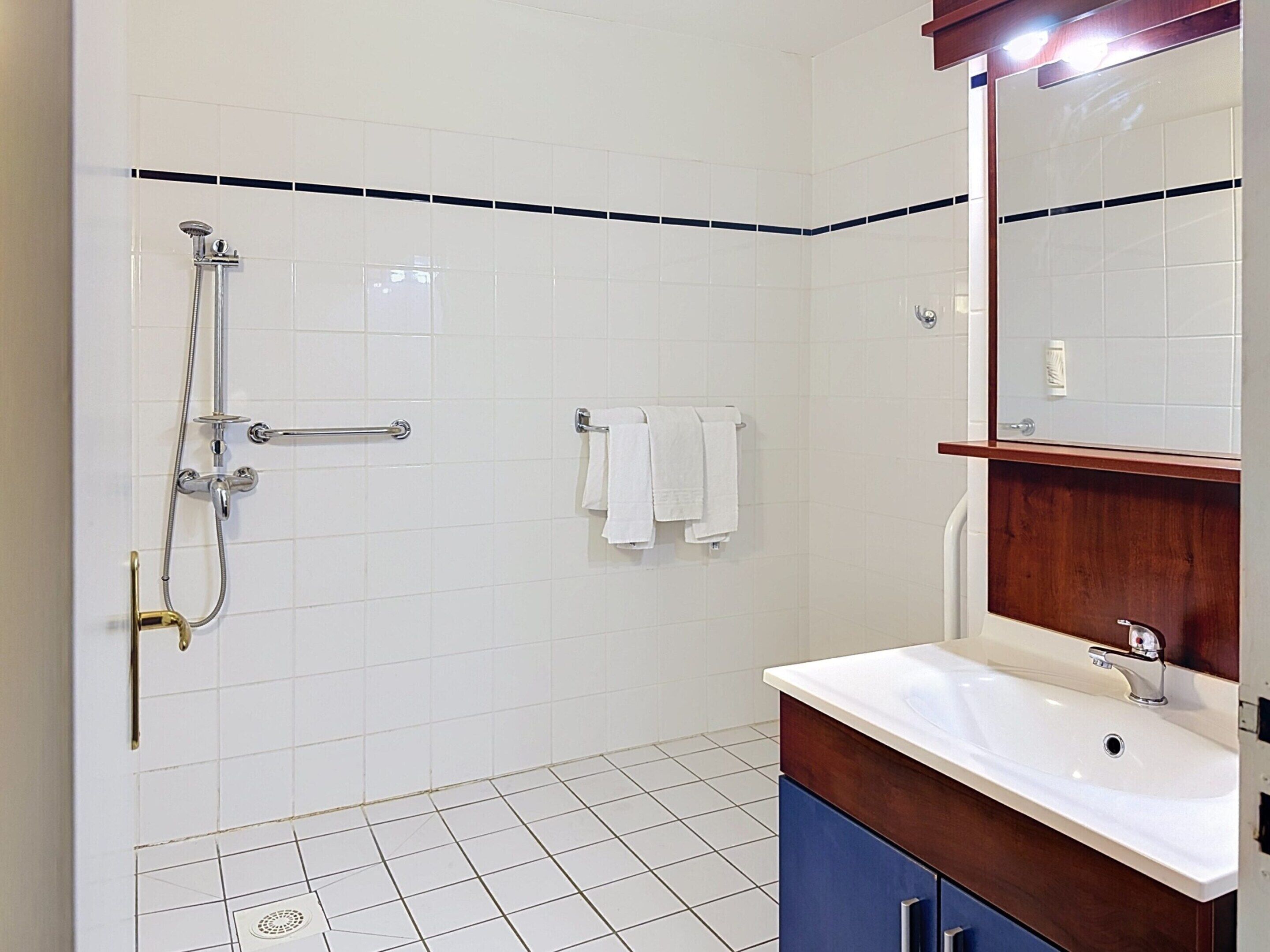 Een badkamer met witte betegelde wanden, een douche met handdouche, een wastafel met spiegel erboven en een handdoekrek met twee witte handdoeken.