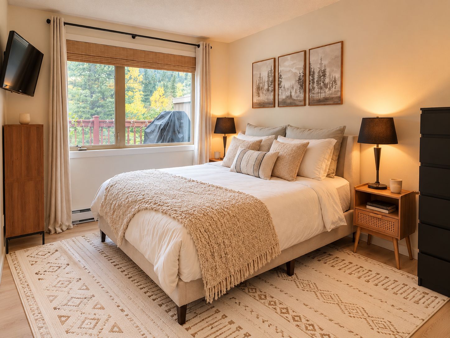 A bedroom with a bed, bedside lamps, a TV, and artwork on the wall.