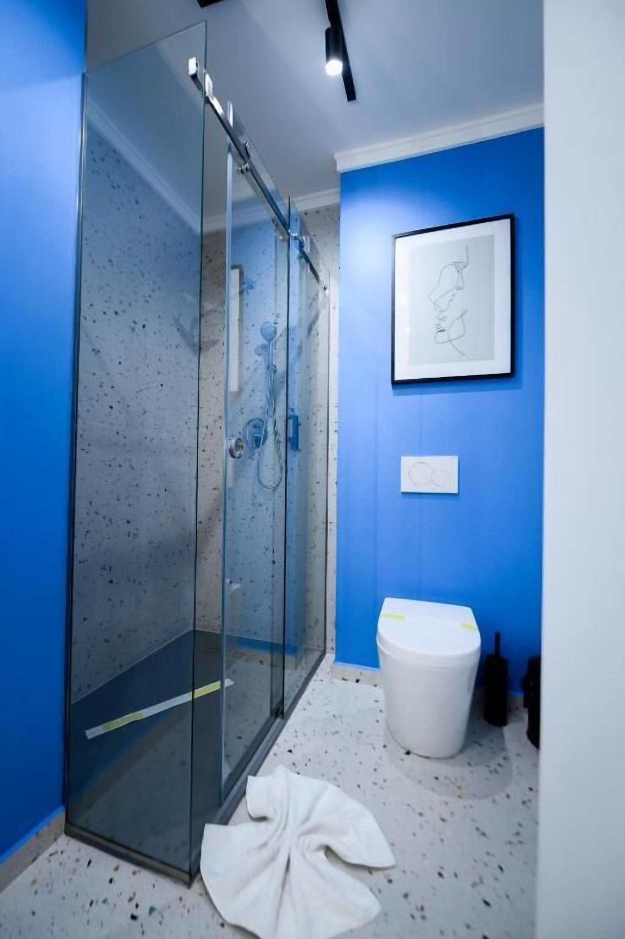 Een badkamer met een douchecabine van glas, een wit toilet en een foto in een lijst aan de muur.