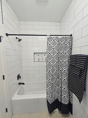 Hair dryer, towels, soap, toilet paper
