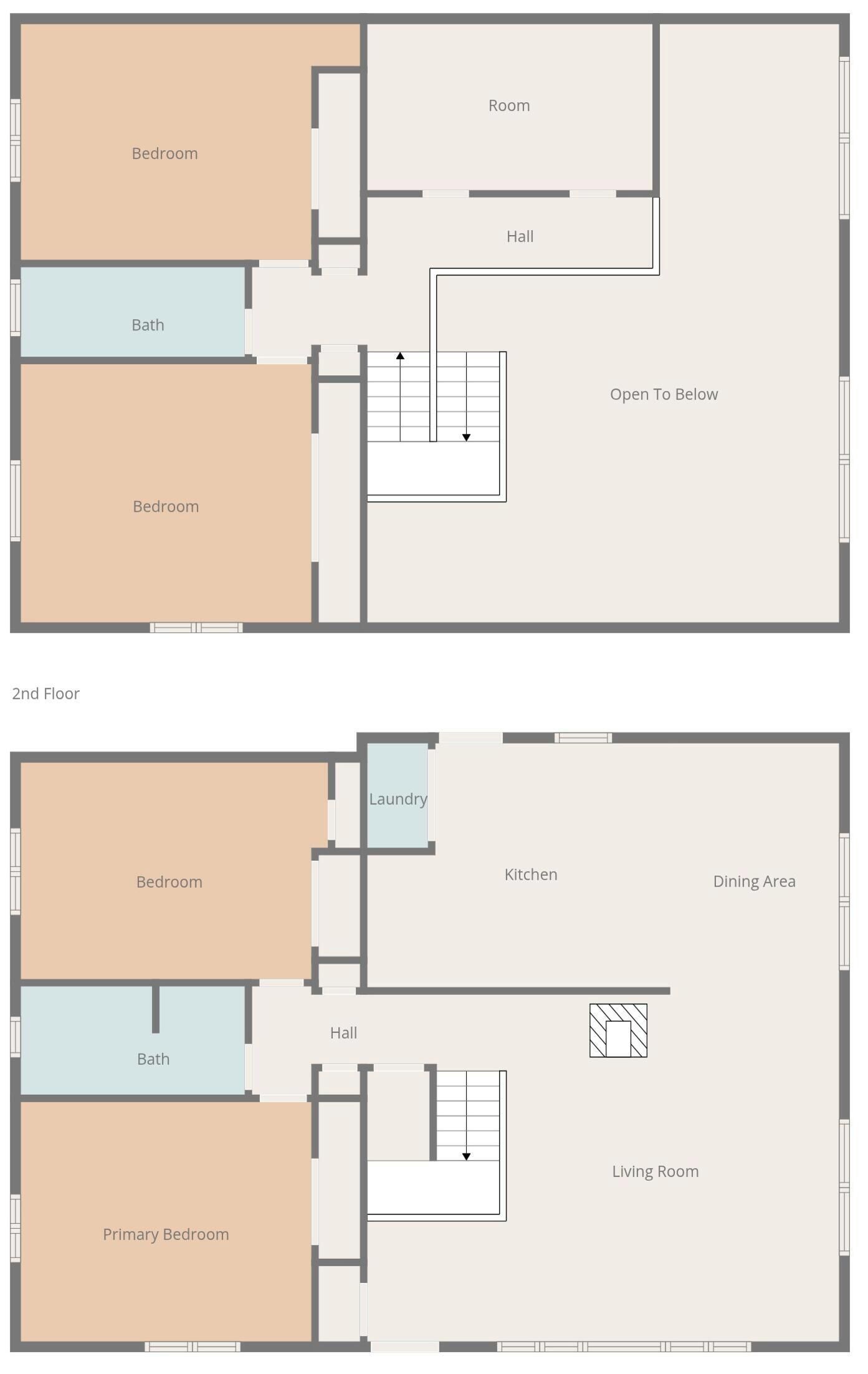 A 2nd floor layout with a bedroom, bathroom, hall, and open space.