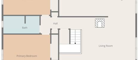 A 2nd floor layout with a bedroom, bathroom, hall, and open space.