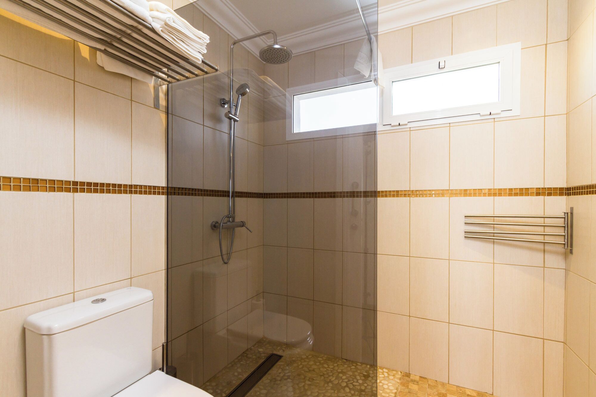 A glass-enclosed shower with a handheld showerhead, a toilet, and a towel rack.
