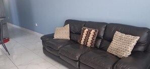 Ein dunkelbraunes Ledersofa mit gemusterten Kissen vor einer blauen Wand, ein Fliesenboden und ein rotes Objekt auf der linken Seite.