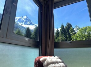 A window with a view of a snow-capped mountain and trees. - Apartment with views of Mont Blanc in Chamonix (Chamonix-Mont-Blanc)