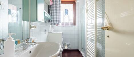 A bathroom with a sink, mirror, toilet, and shower area.