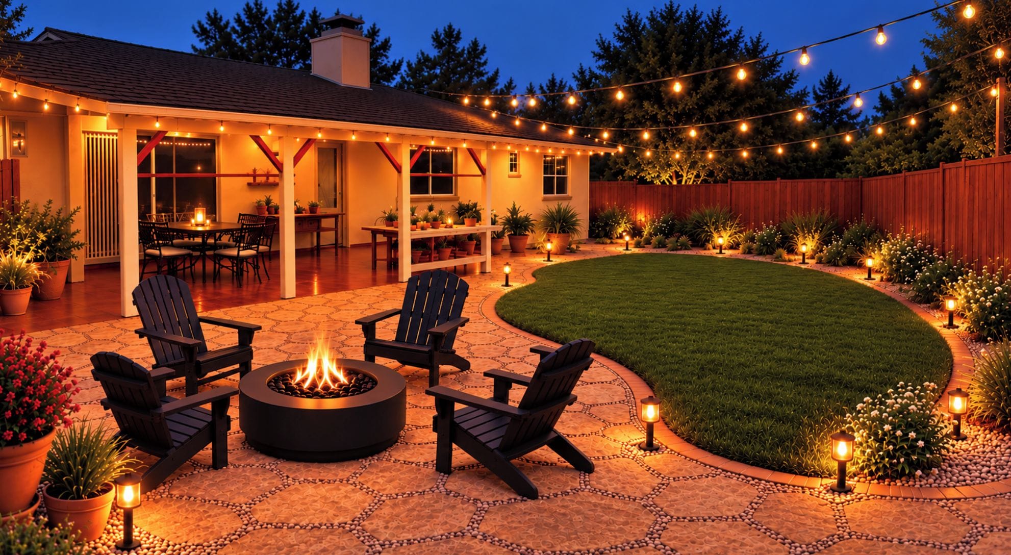 A backyard patio with a fire pit, outdoor seating, and string lights.