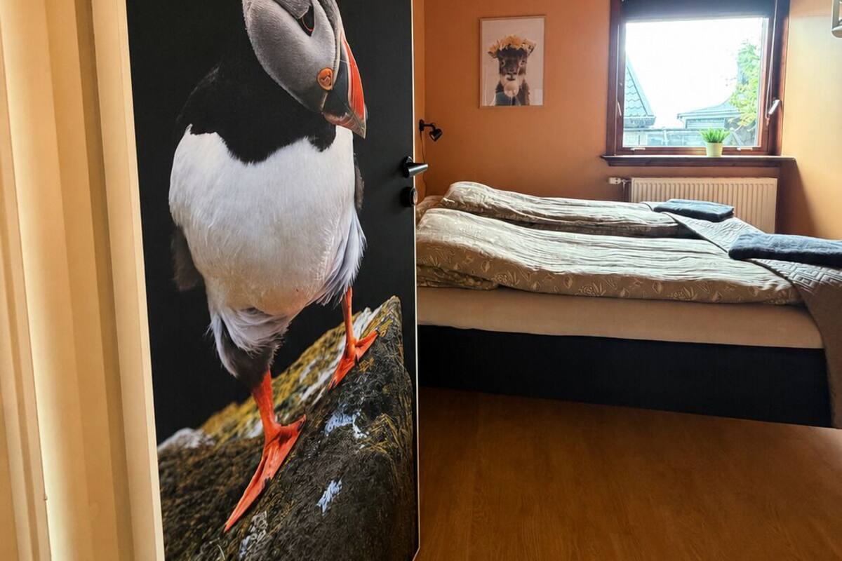 Una habitación con una cama, una ventana con vistas, una puerta con un cuadro de pez globo y una lámpara en el techo.