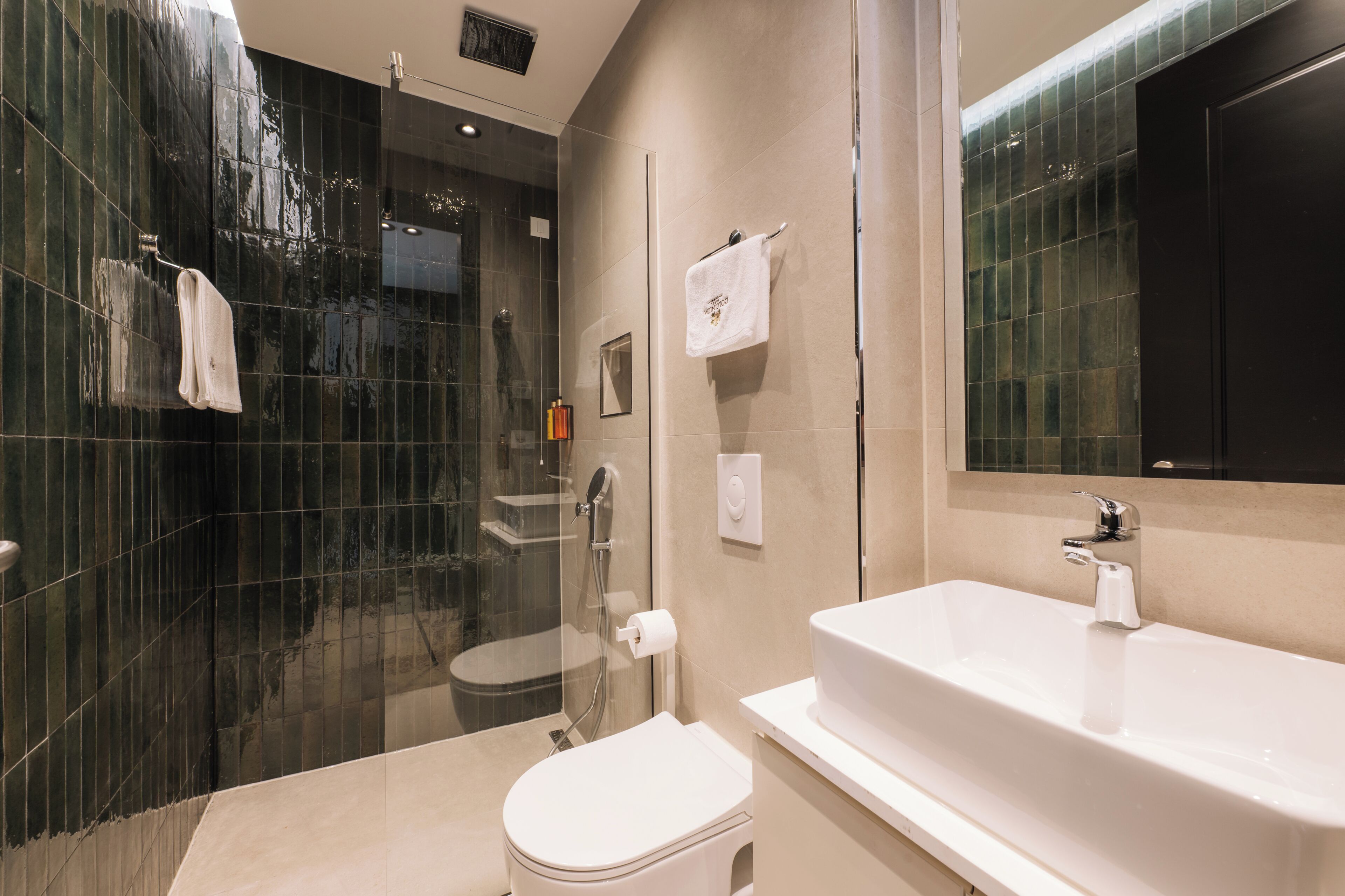 Badkamer | Een haardroger, handdoeken, zeep, shampoo