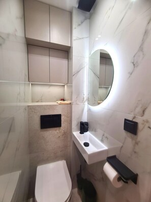 Ducha, secador de pelo, toallas, jabón