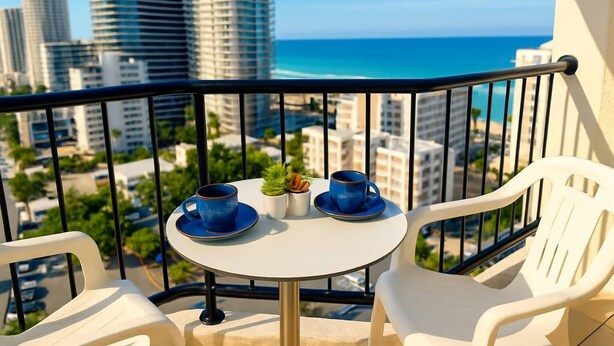 A balcony with two white chairs, a small round table, and two blue cups on saucers. - Ocean View Studio 2 Beds Free WI-FI (Surfers Paradise)