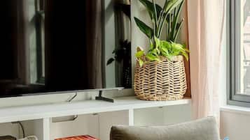 A living room with a flat-screen TV, two armchairs, a coffee table with books, a plant, and a window with curtains.