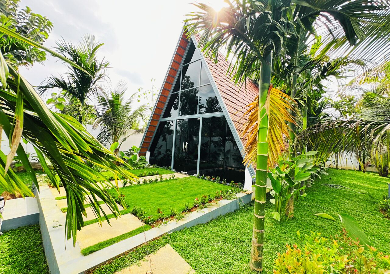 Um edifício moderno com telhado triangular, rodeado por vegetação exuberante e palmeiras.